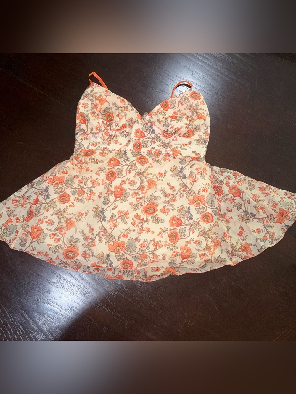 Max Studio Cream‎ Floral Spaghetti-Strap Top with Orange Accents